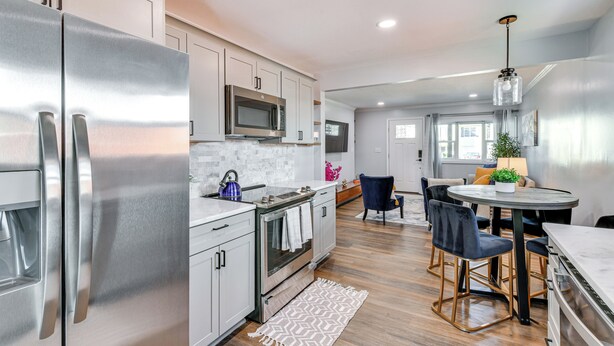A modern kitchen with stainless steel appliances, a dining area with a round table and chairs, and a living space with a sofa and a plant.