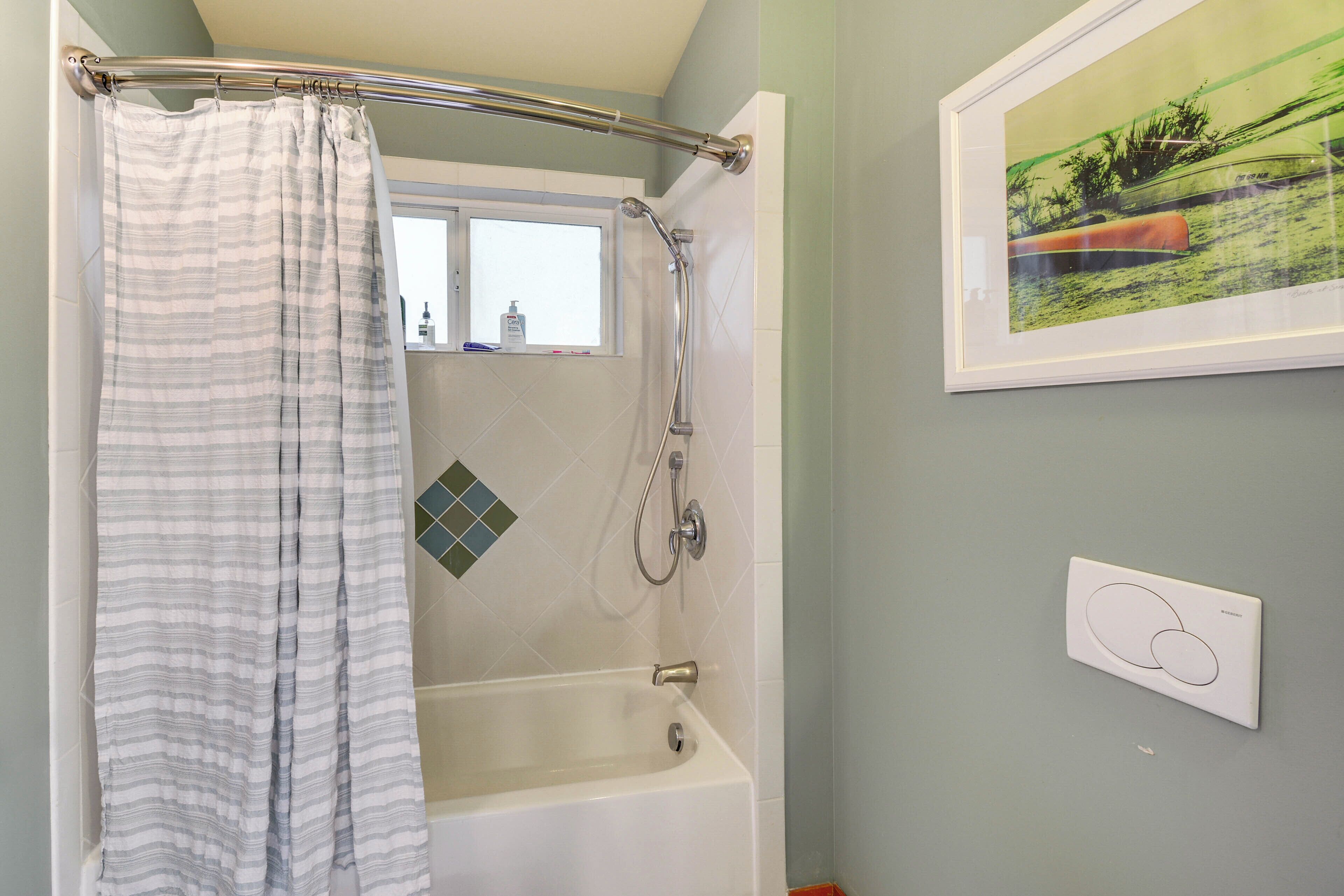 A bathroom with a shower, a bathtub, and a window.