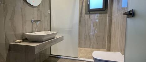 A modern bathroom with a freestanding sink, a toilet, and a shower enclosure.