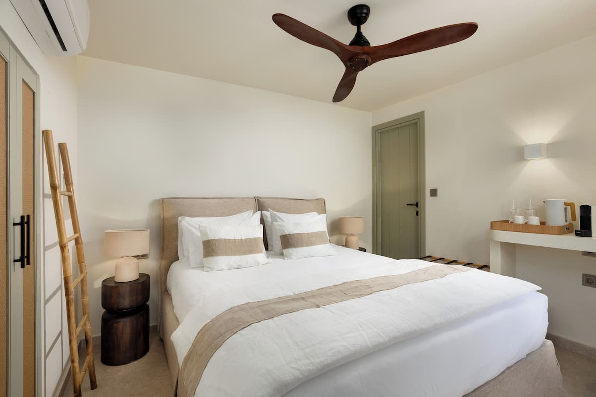 Une chambre à coucher bien rangée, avec un lit, des lampes de chevet, une échelle en bois, un ventilateur de plafond et une petite table de chevet avec une lampe.