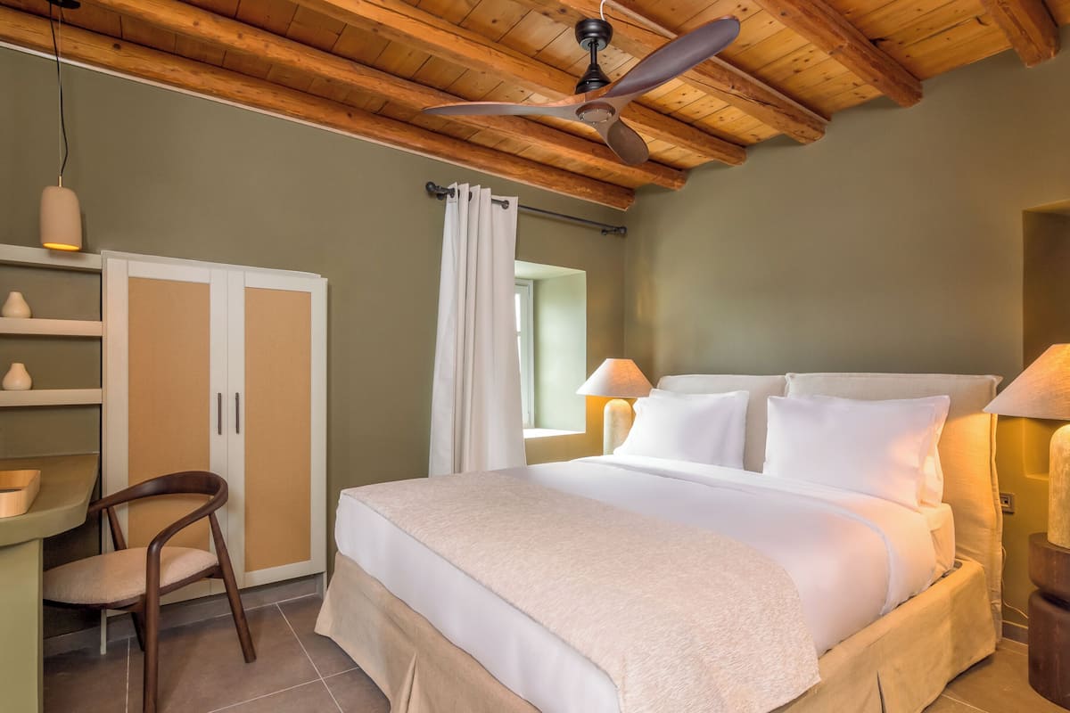 Une chambre à coucher avec un lit, une chaise, un bureau et un ventilateur de plafond.