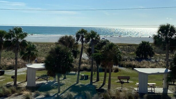 A beach view with palm trees, picnic tables, and a clear sky. - Elegant condo with beach views - Sunset Royale 314 (Siesta Key)