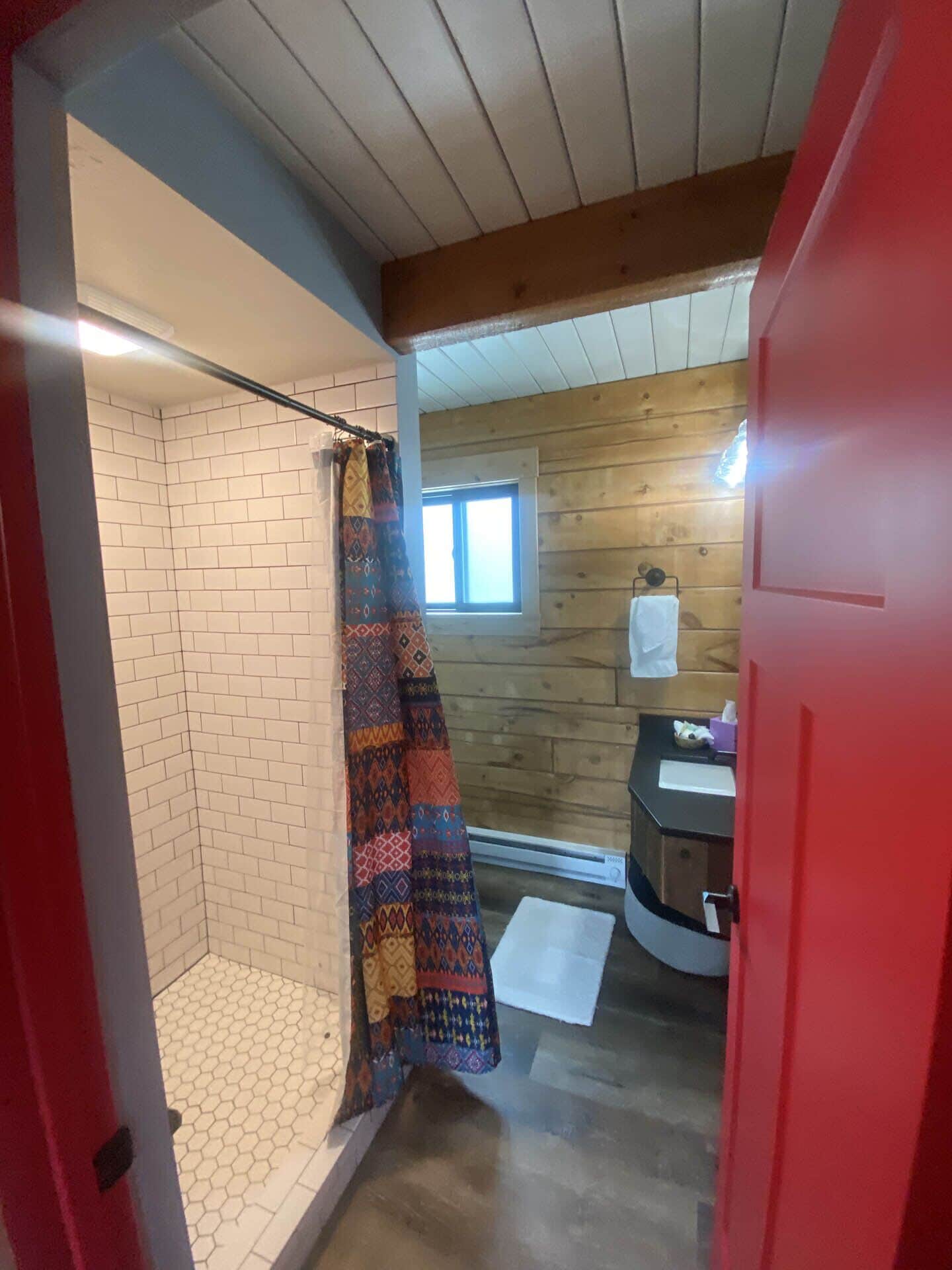 A bathroom with a shower, a sink, and a window.