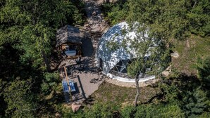 Una estructura de cúpula geodésica esférica rodeada de un bosque denso, con una pequeña cabaña de madera cerca.