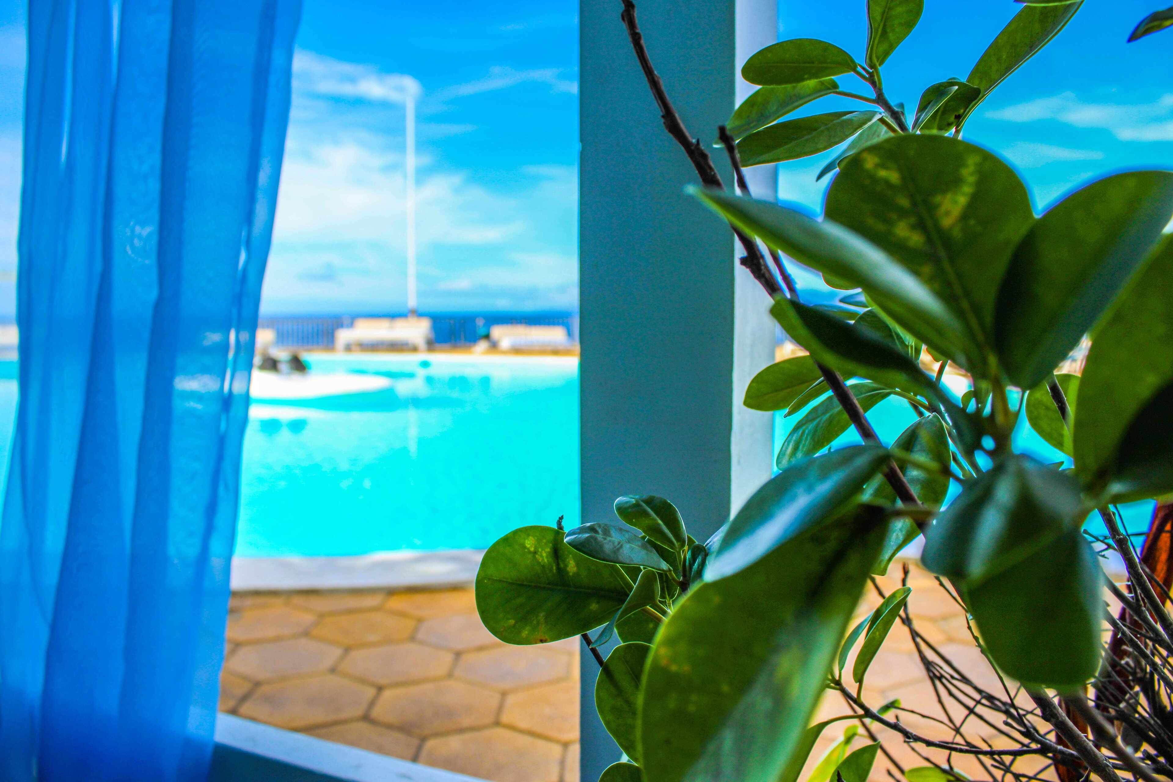 Vista de uma piscina através de uma janela com cortinas azuis, cercada por vegetação.