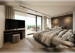 Une chambre moderne dotée d’un grand téléviseur à écran plat, d’un lit avec de nombreux oreillers, d’une table de chevet et d’une vue sur un balcon aménagé avec du mobilier d’extérieur.