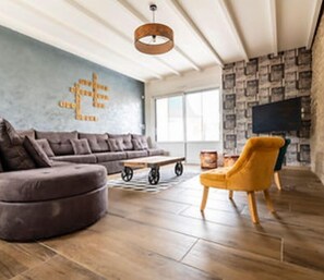 TV connectée, cheminée, livres