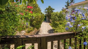 A stone pathway leading to a building with a tiled roof, surrounded by lush greenery and flowering plants.