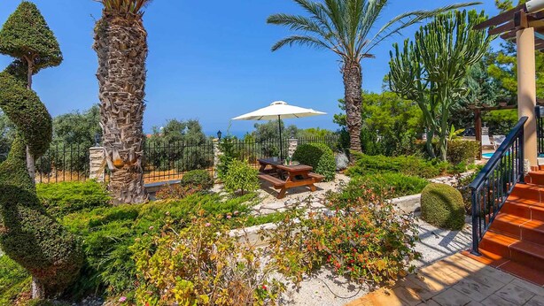 A well-maintained garden with palm trees, a picnic table, and a staircase. - Pine Retreat - Four Bedroom Villa, Sleeps 8 (Argaka)