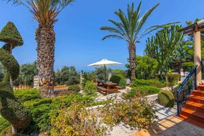 Un giardino curato con palme, un tavolo da picnic e una scala.