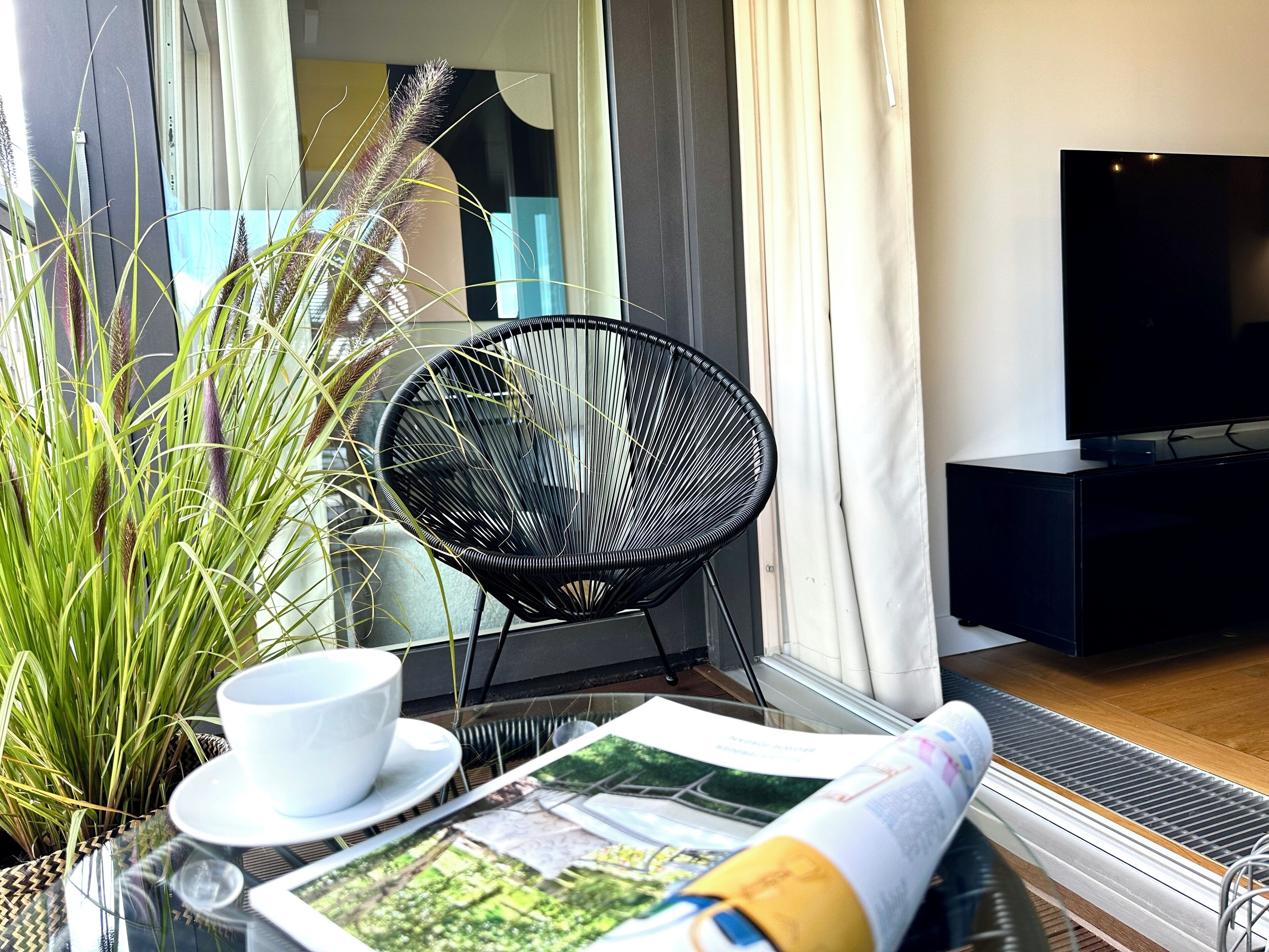 A room with a black chair, a white cup on a saucer, a magazine, and a plant with long leaves.