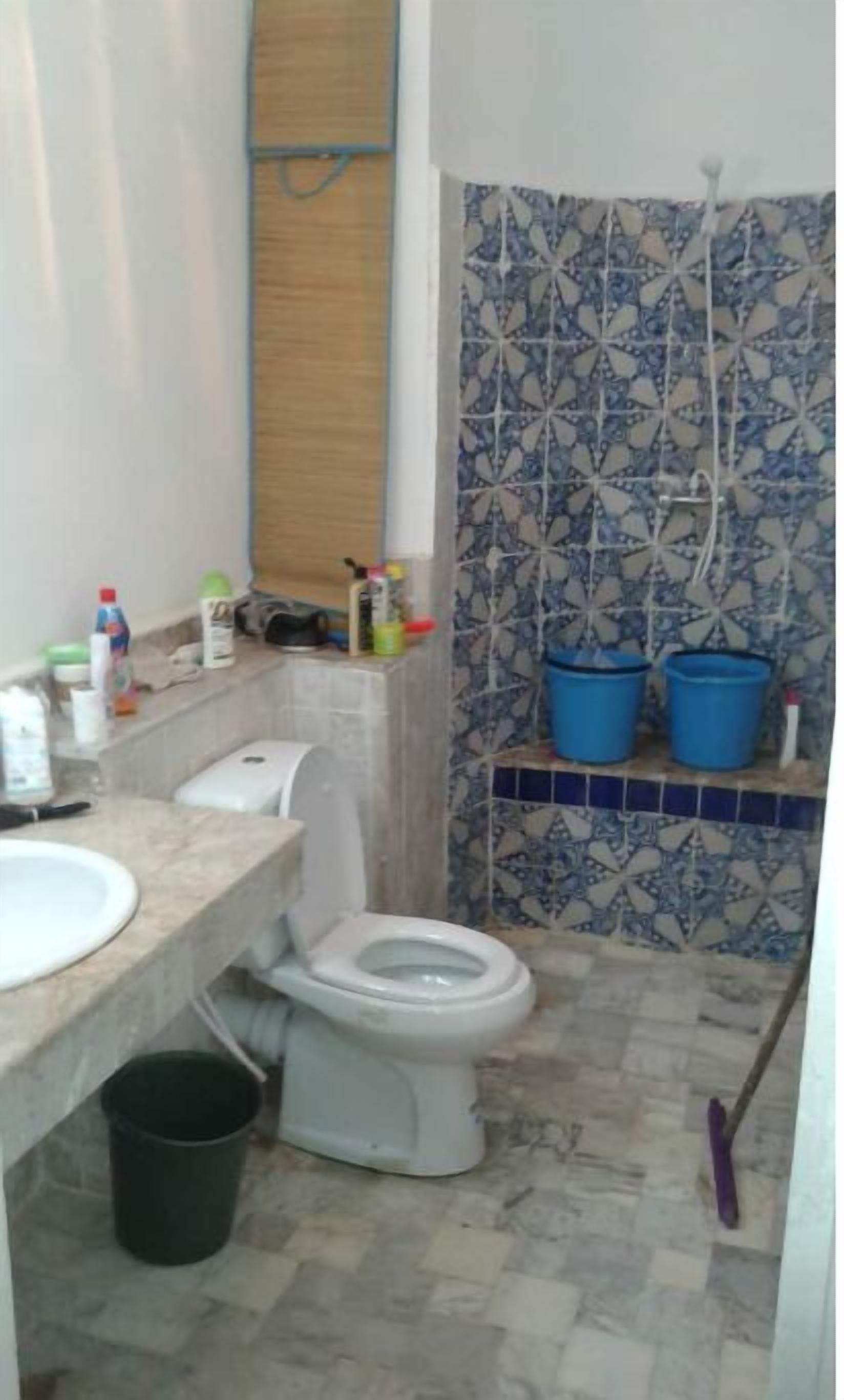 A bathroom with a toilet, sink, and shower area.