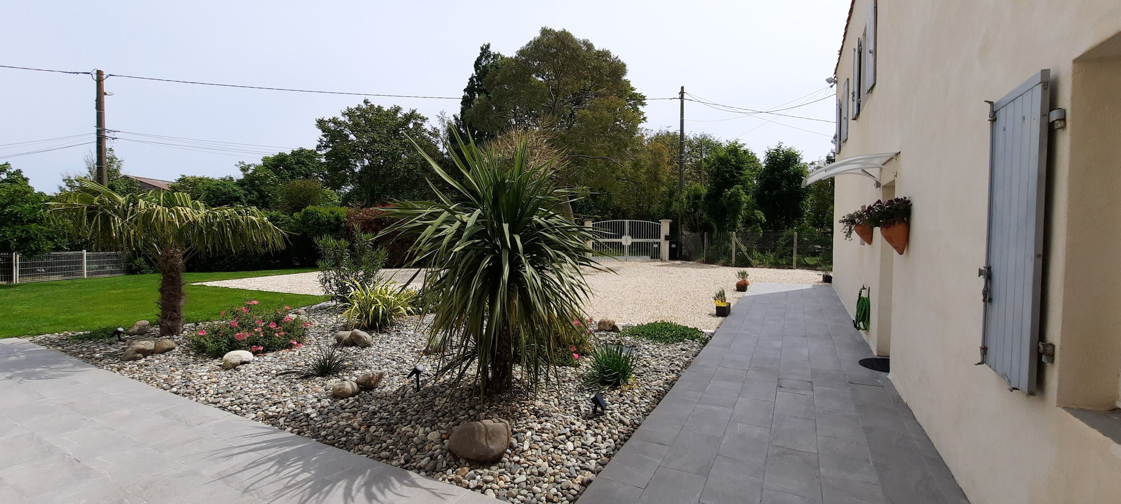 Ein angelegter Garten mit einer Palme, verschiedenen Sträuchern und einem Kiesweg, der zu einem Eingangstor führt.