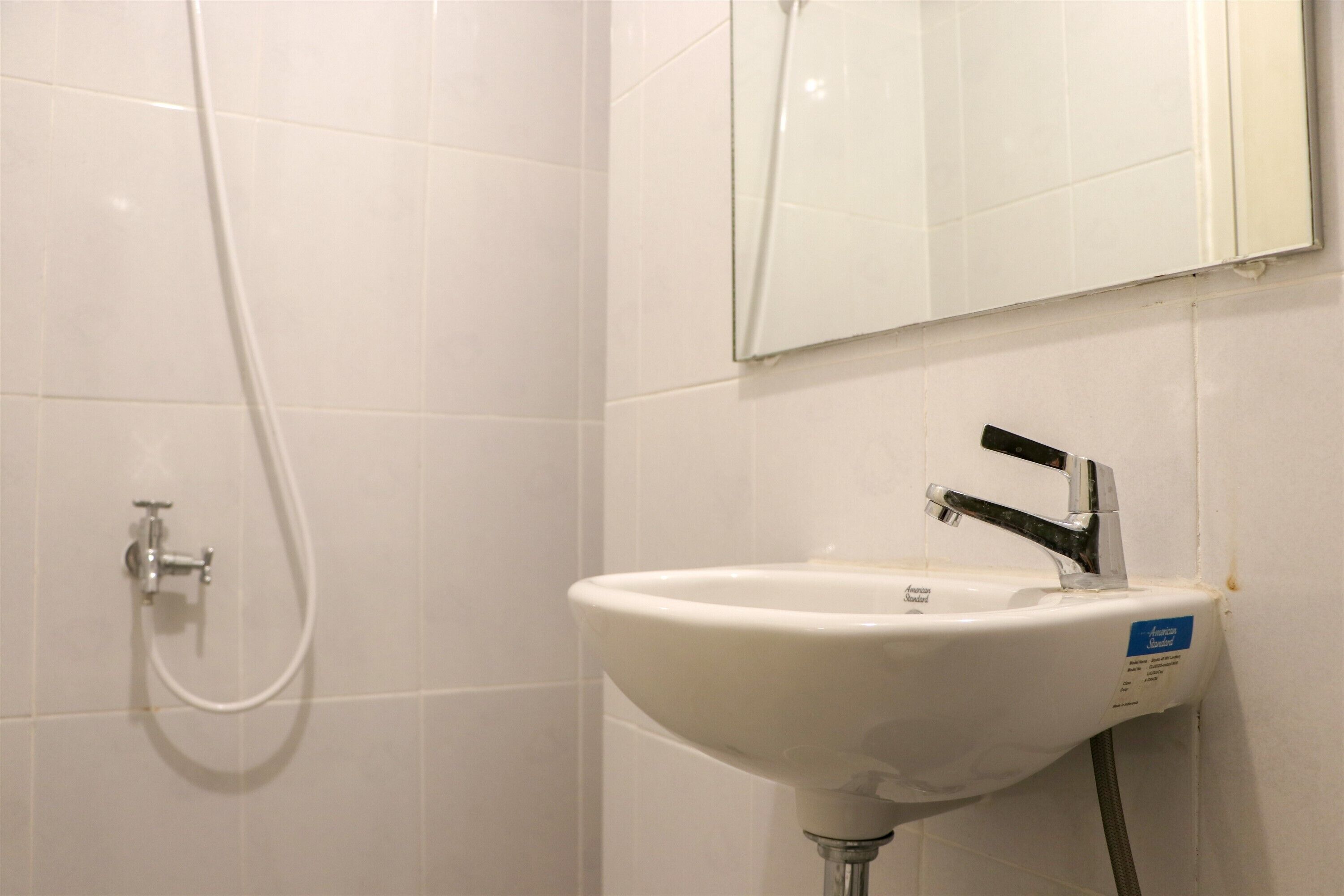 Un baño con lavamanos blanco, un espejo y una ducha.