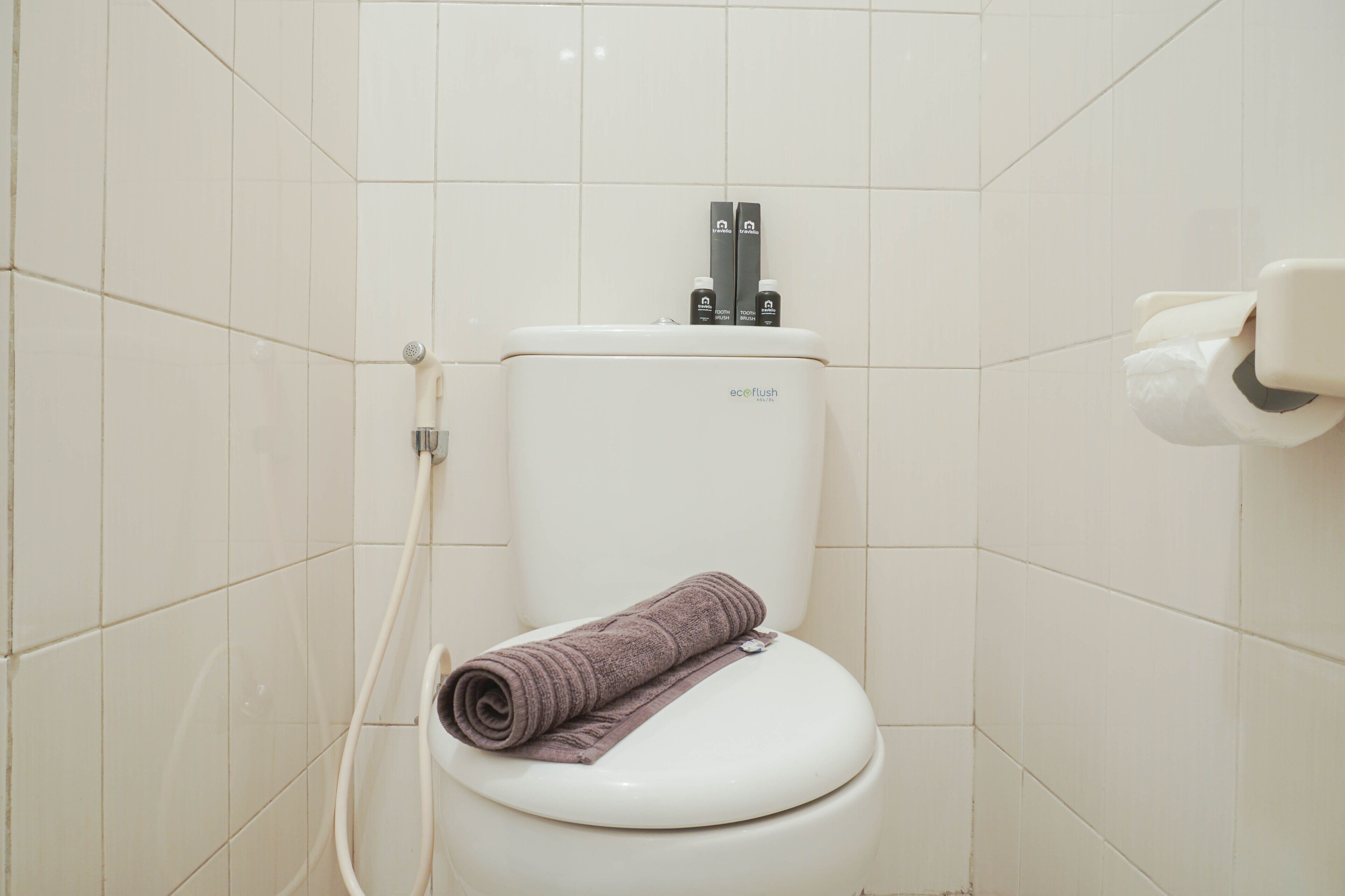 A white toilet with a toilet paper holder and a roll of toilet paper on the right.