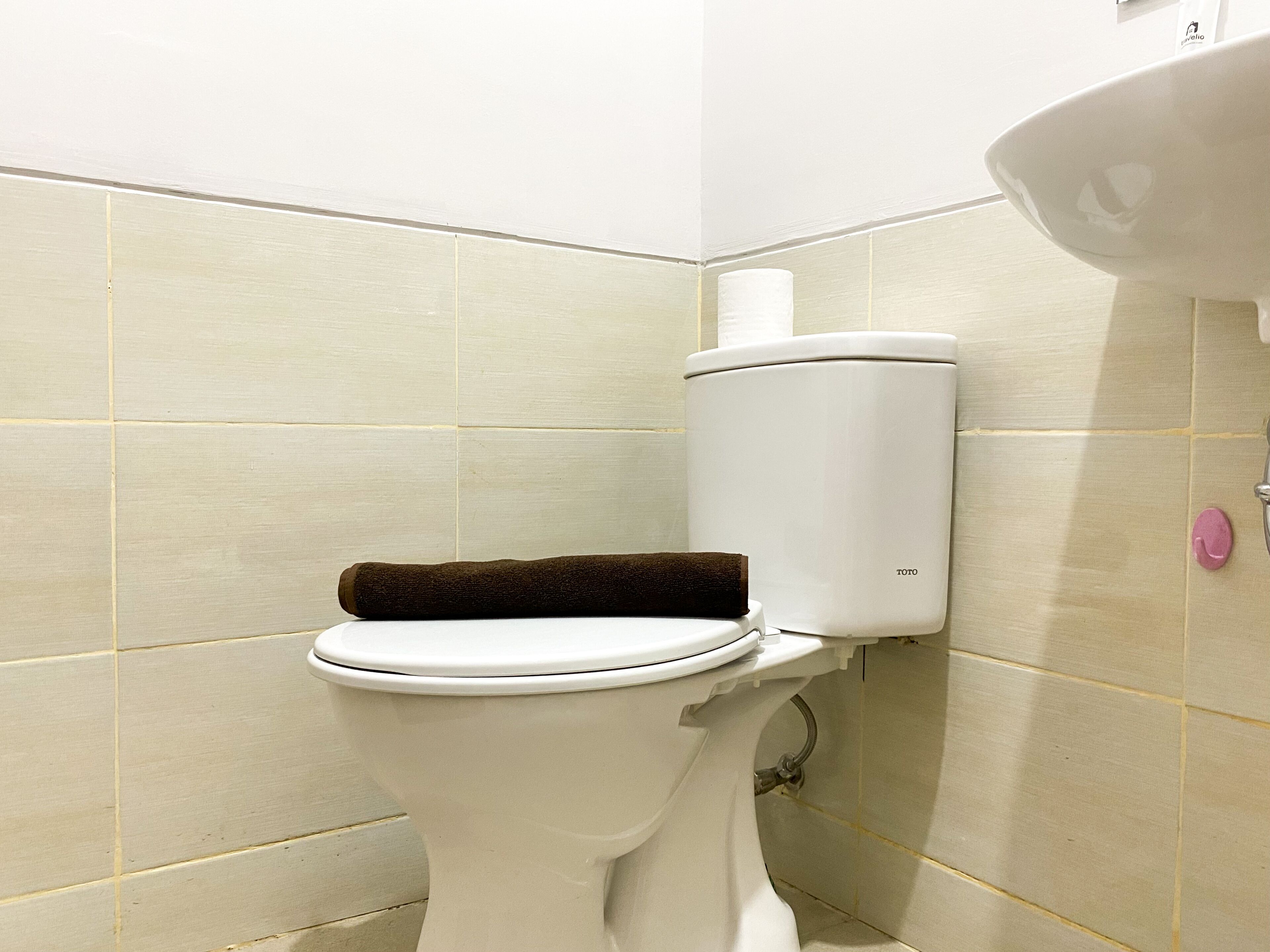 Un inodoro con una alfombrilla marrón, un tanque de inodoro blanco y un lavabo con un dispensador de jabón rosa.