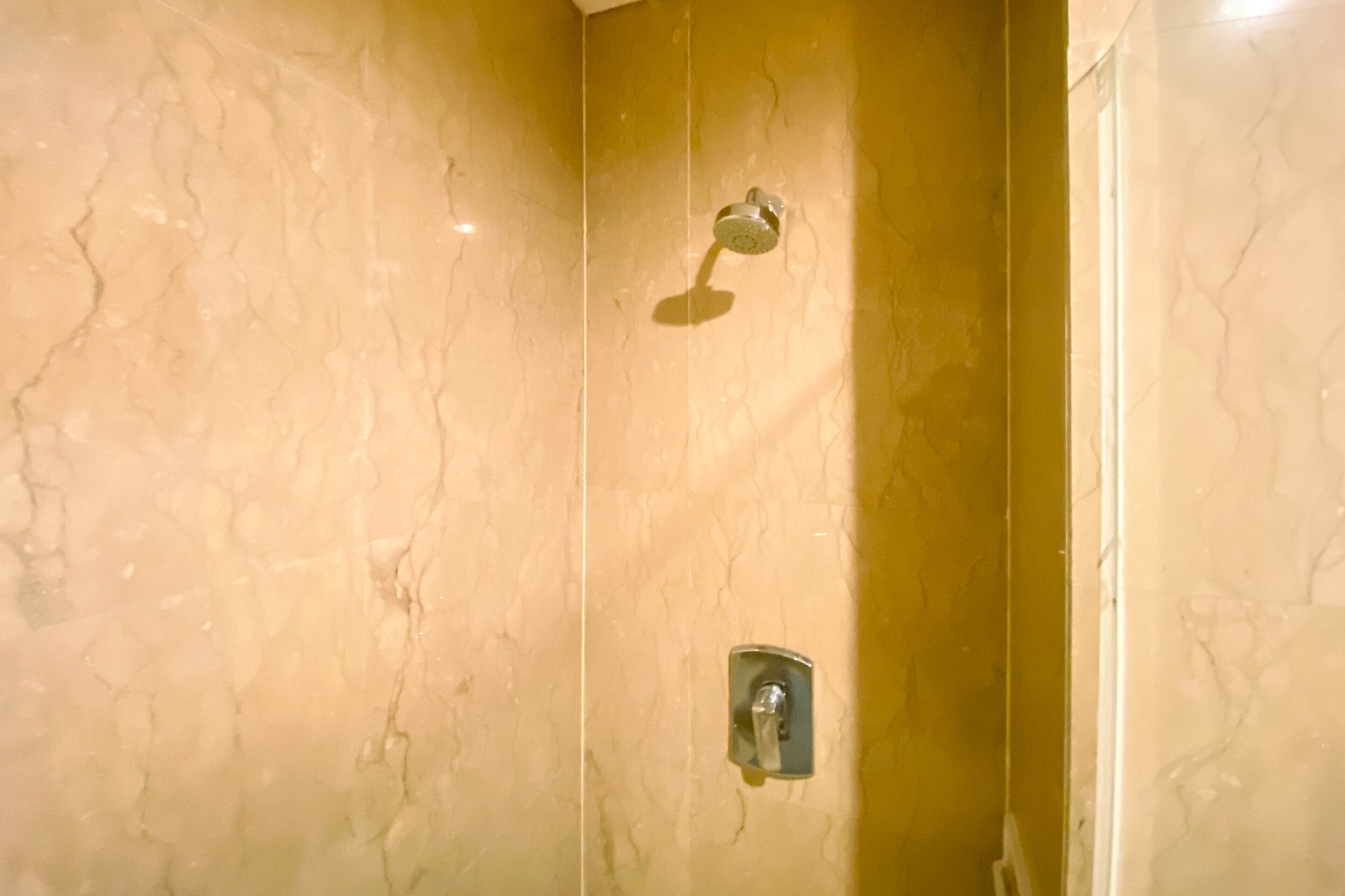 Een badkamer met een marmeren wand, een douchekop en een lichtschakelaar.