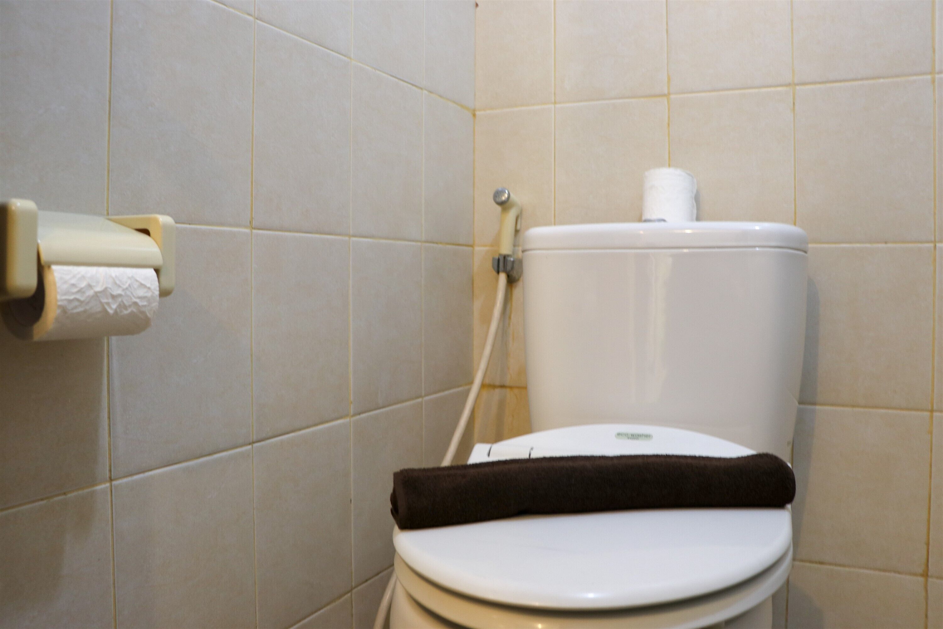 A toilet with a brown towel on the seat, a toilet paper holder, and a flush handle.