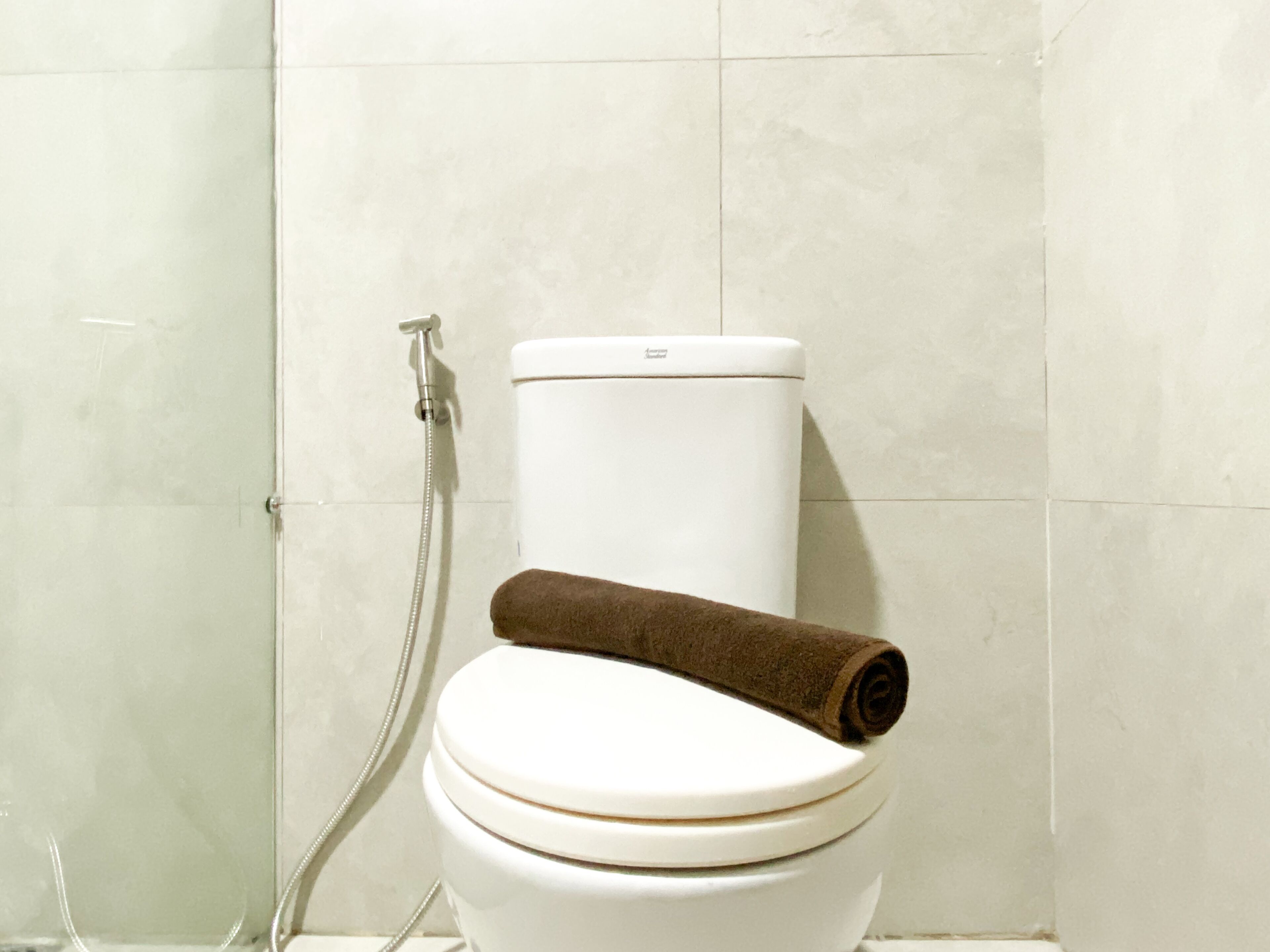 Eine Toilette mit einem braunen Handtuch darauf, einer Duschbrause und einem weißen Toilettentank.