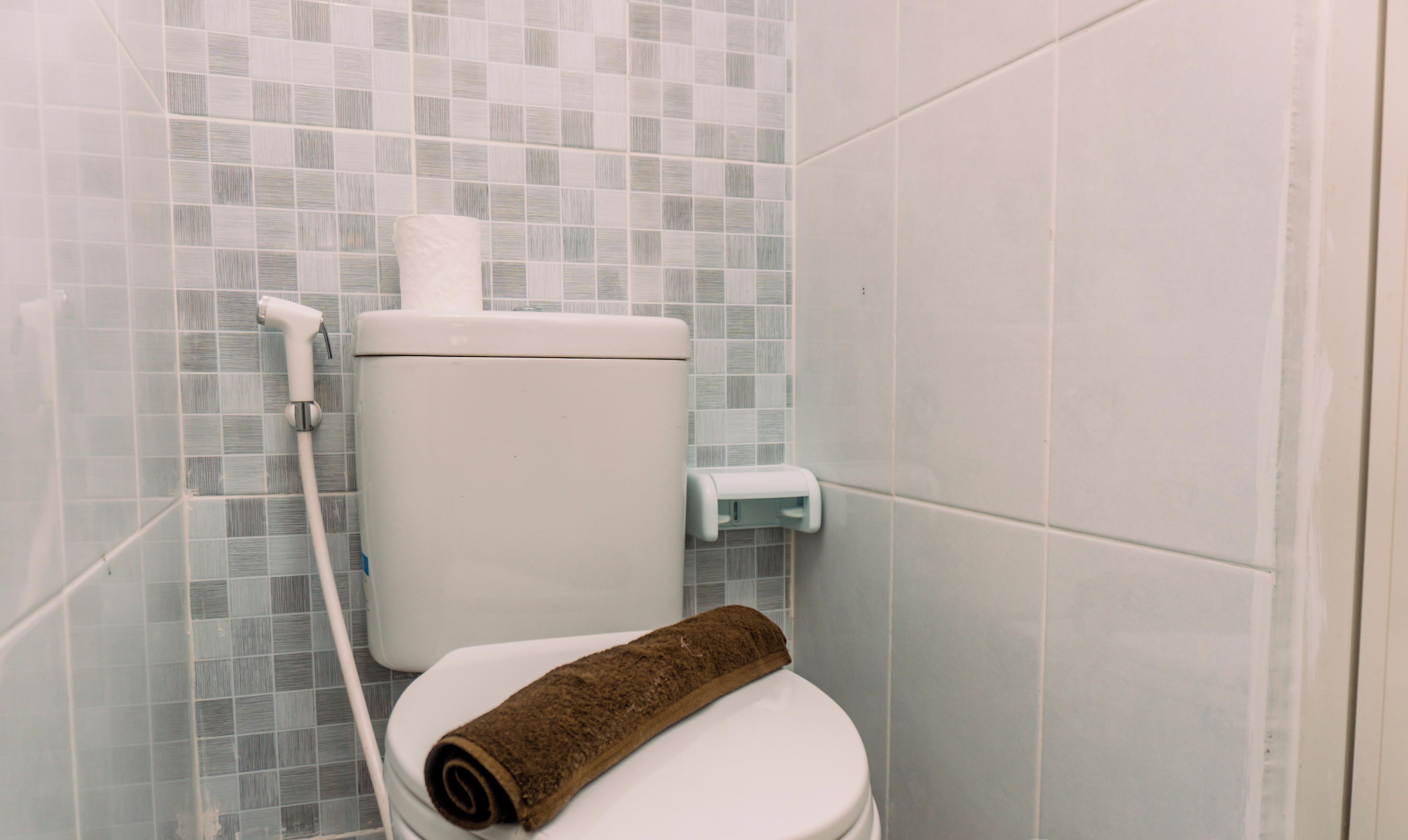 A bathroom with a toilet, a towel, and a toilet paper holder.