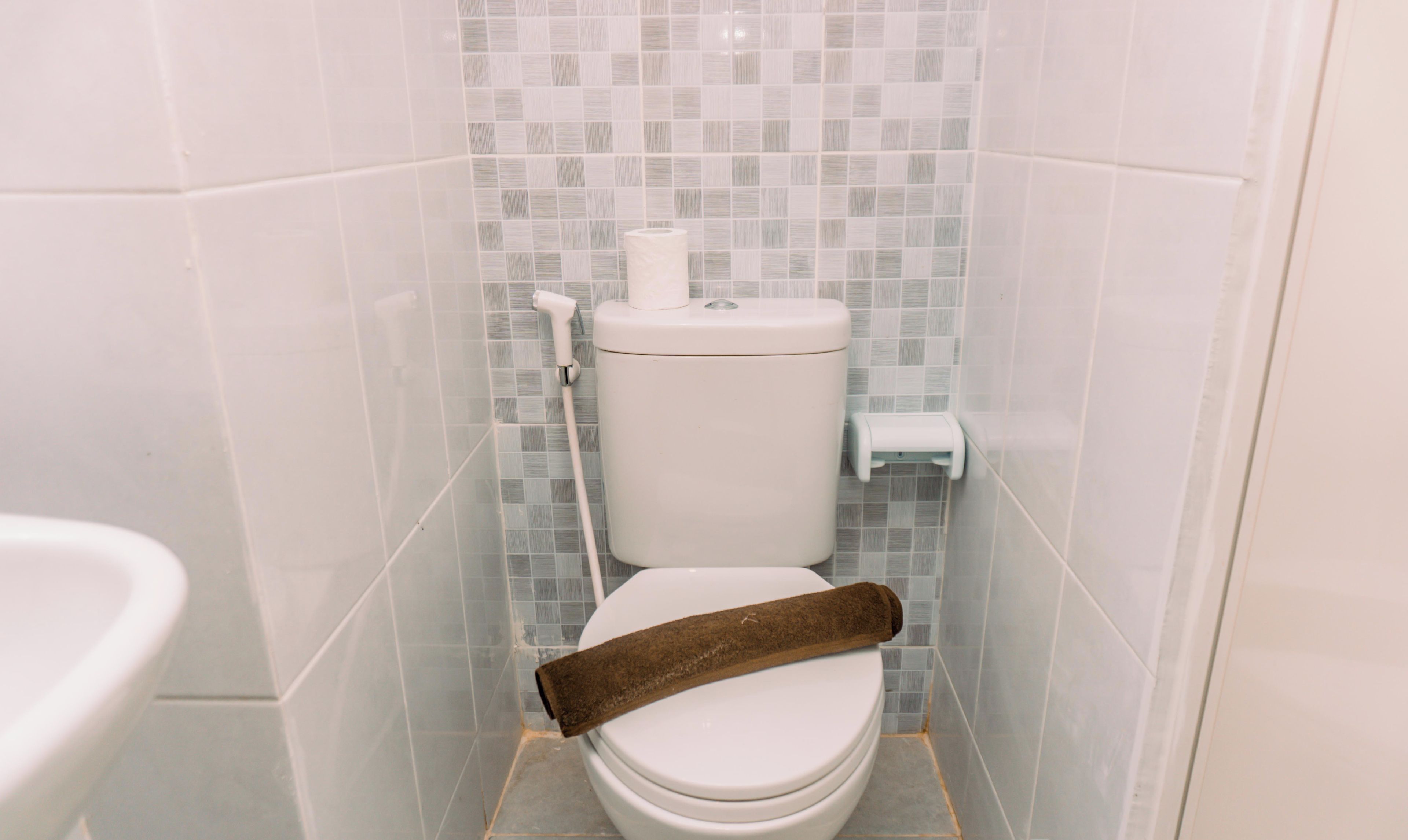 A bathroom with a toilet, a toilet paper holder, and a bidet.