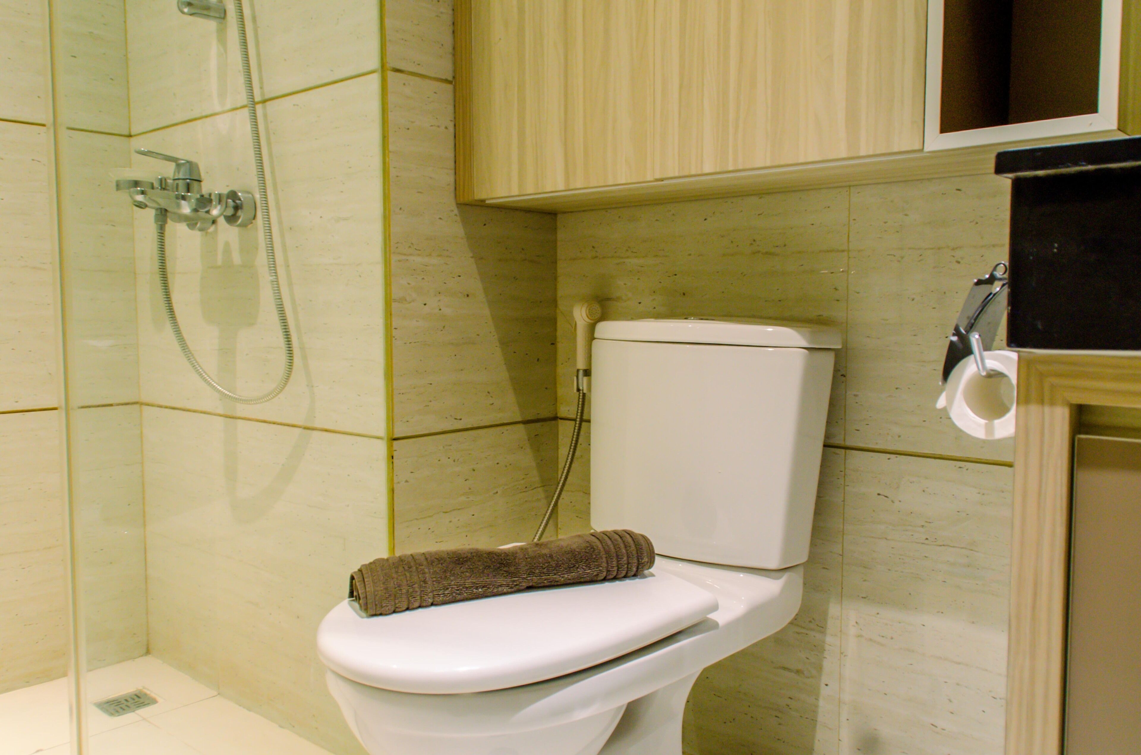 A bathroom with a toilet, a shower, and a cabinet.