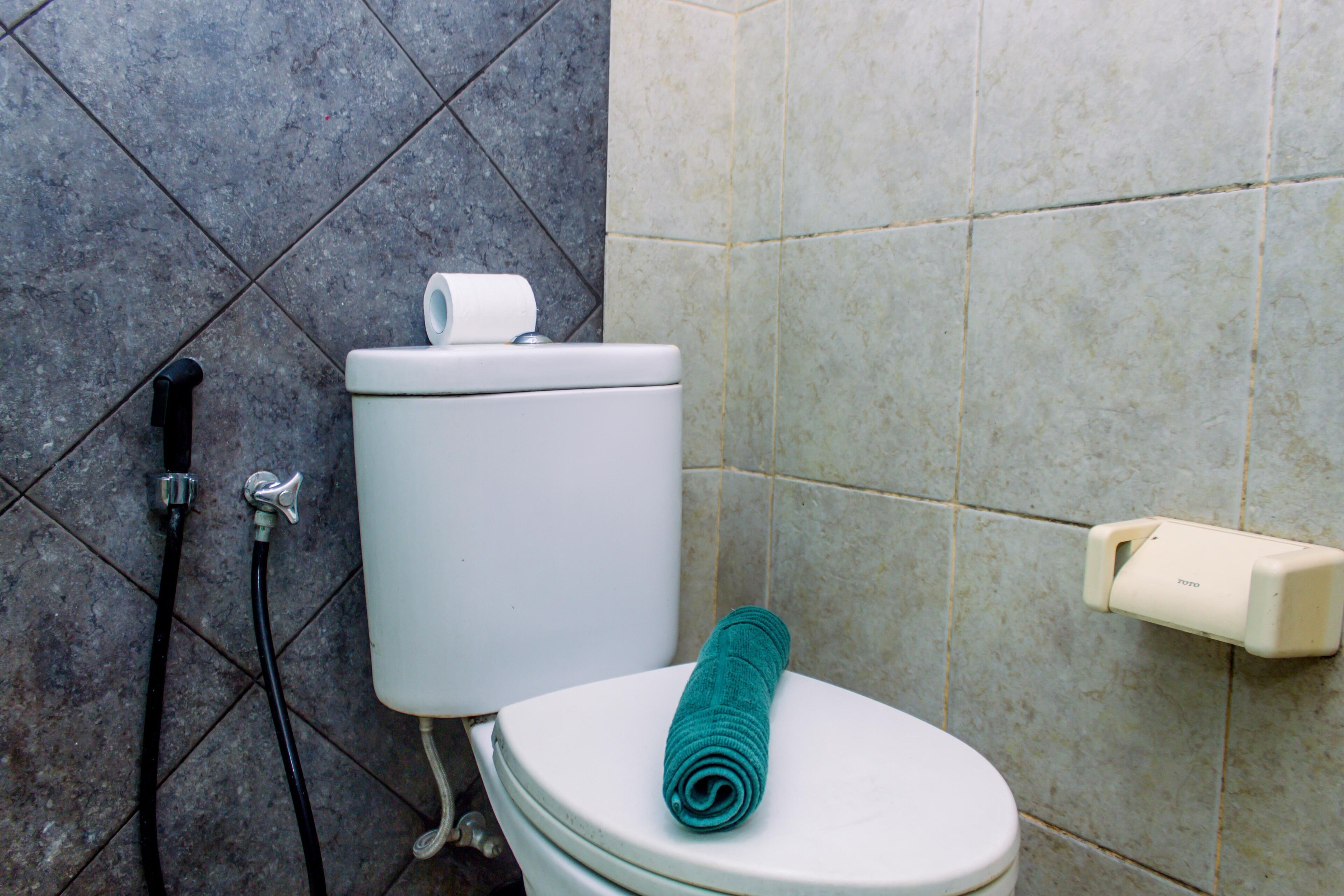 A bathroom with a white toilet, a towel, and a toilet paper holder.