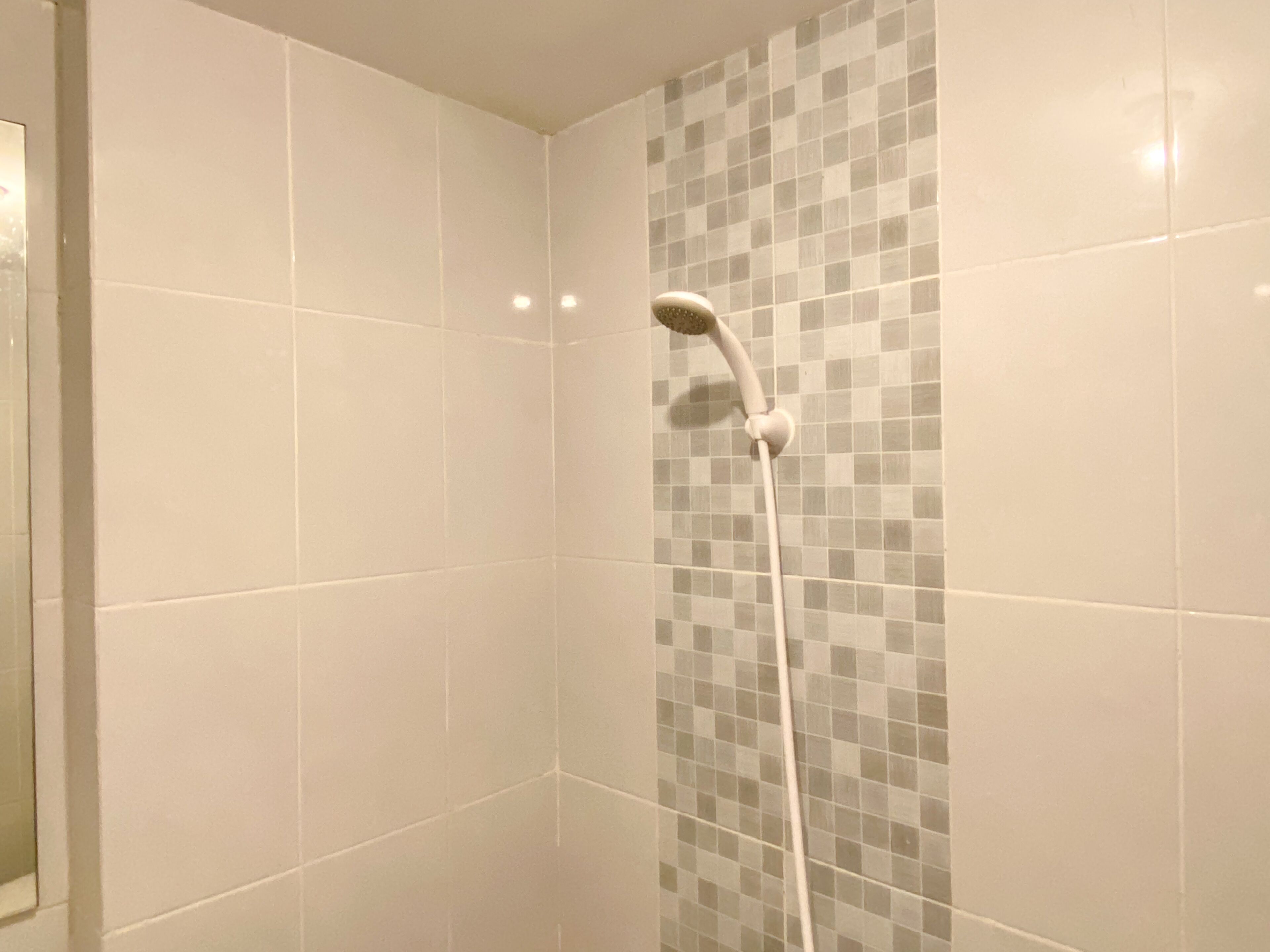 Une douche équipée d’un pommeau de douche blanc et d’un mur orné de motifs en mosaïque.