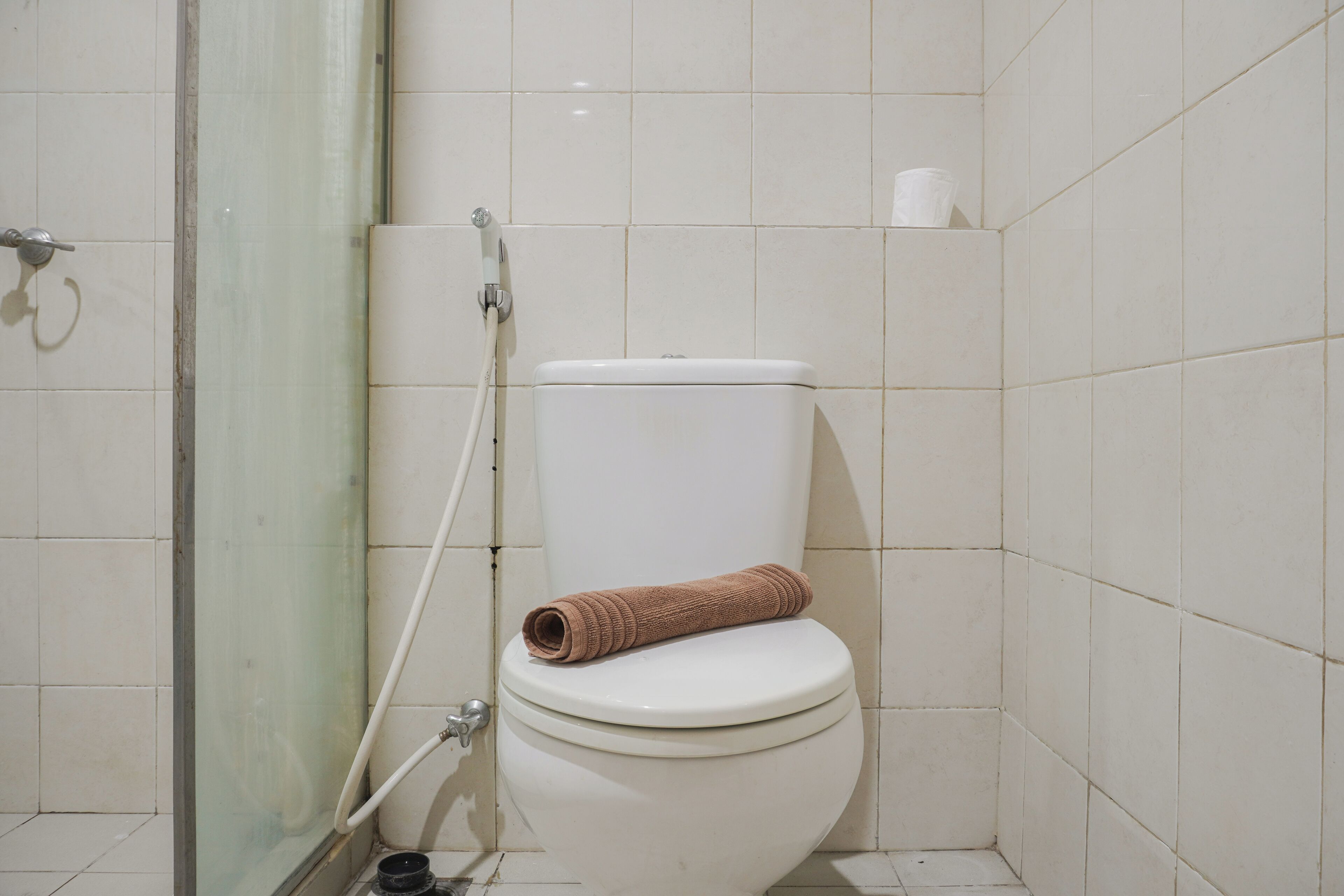 A bathroom with a toilet, a shower, and a glass door.