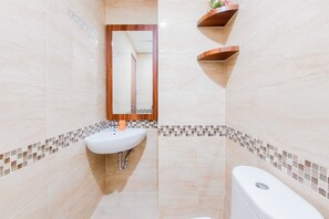 A bathroom with a sink, mirror, and toilet.