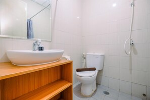 Bathroom features a sink, mirror, toilet, and shower area.