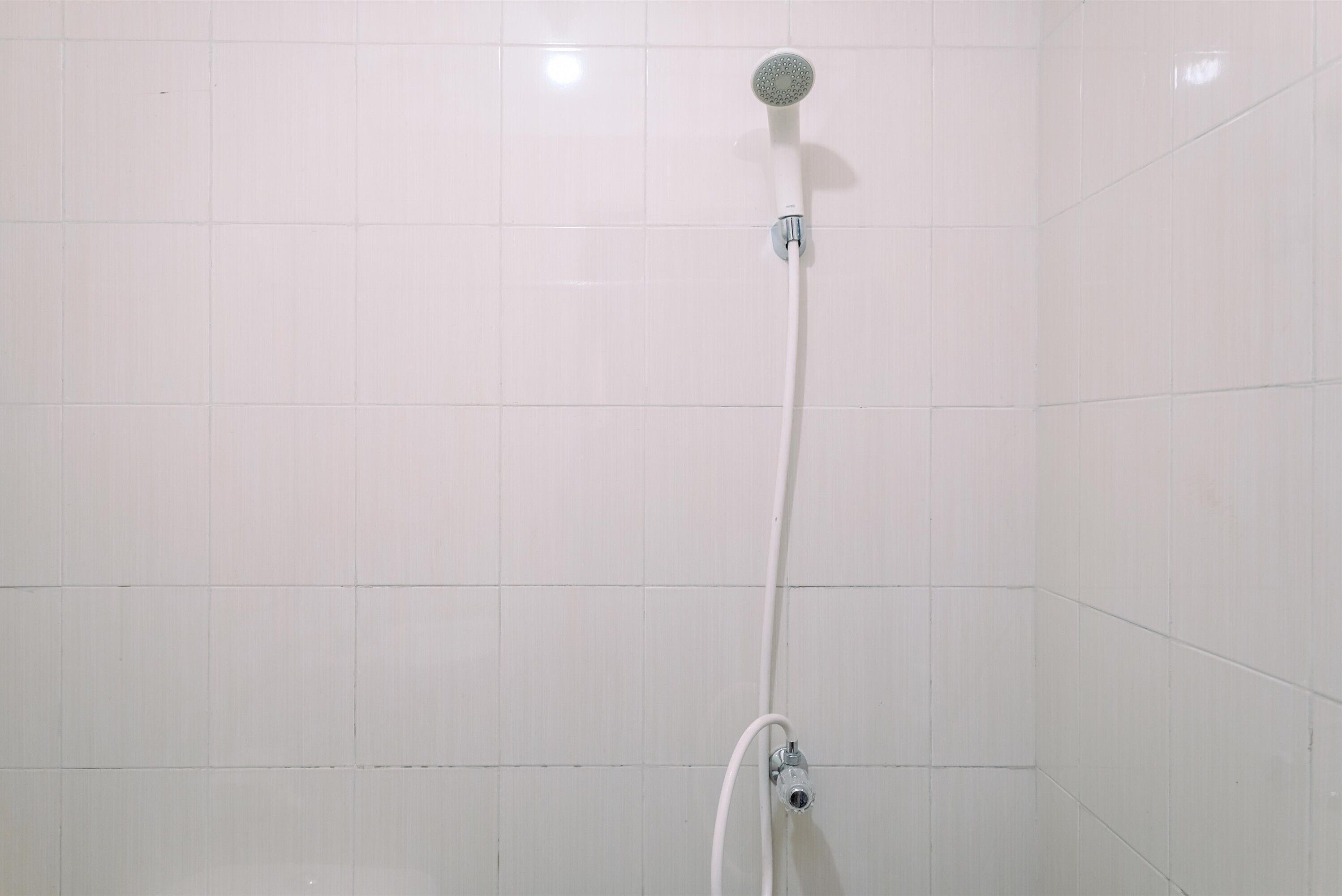 Una ducha con cabezal de ducha manual y regulador en la pared.