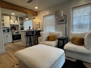 Smart TV, fireplace, books