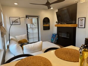 Smart TV, fireplace, books