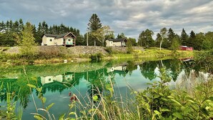 Una cabaña junto al lago con un muelle, rodeada de un bosque frondoso y un cielo despejado.