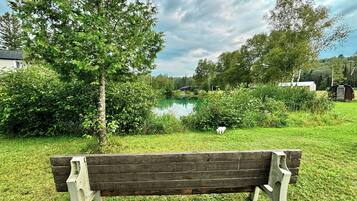 Un banc dans un parc, avec un lac et des arbres en arrière-plan.