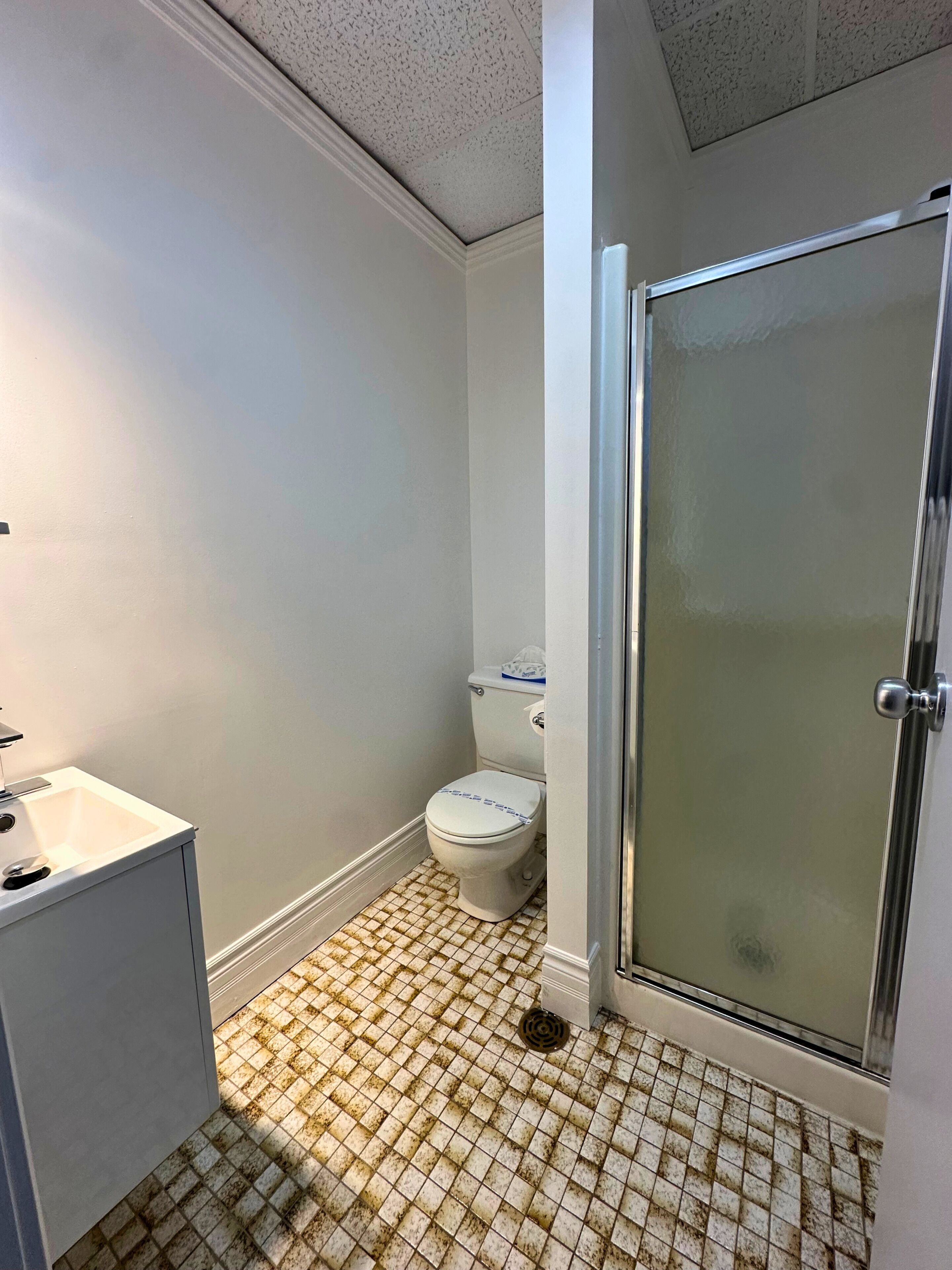 Ein Badezimmer mit Toilette, Waschbecken und einer Dusche mit Glastür.