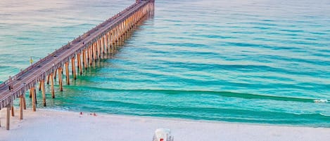 On the beach, sun-loungers, beach towels