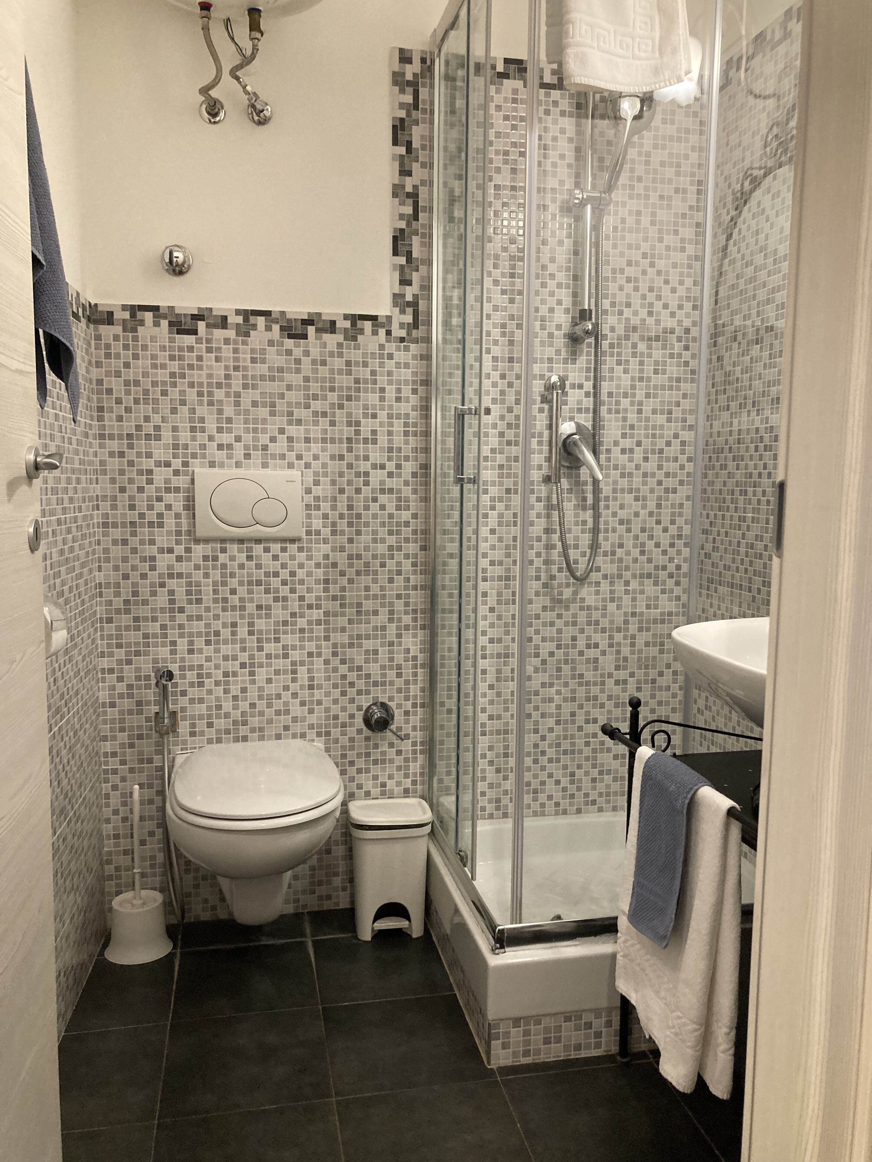 A bathroom with a toilet, bidet, and glass-enclosed shower.