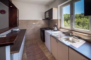 Fridge, microwave, oven, stovetop