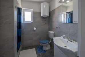 Bathroom features a shower area, toilet, and sink with a mirror.