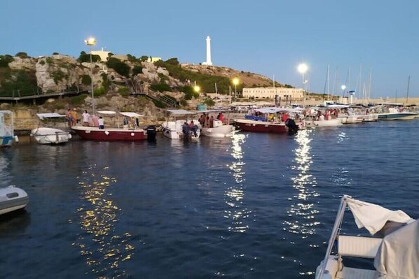 Un puerto deportivo con barcos amarrados, un faro al fondo y una colina rocosa.