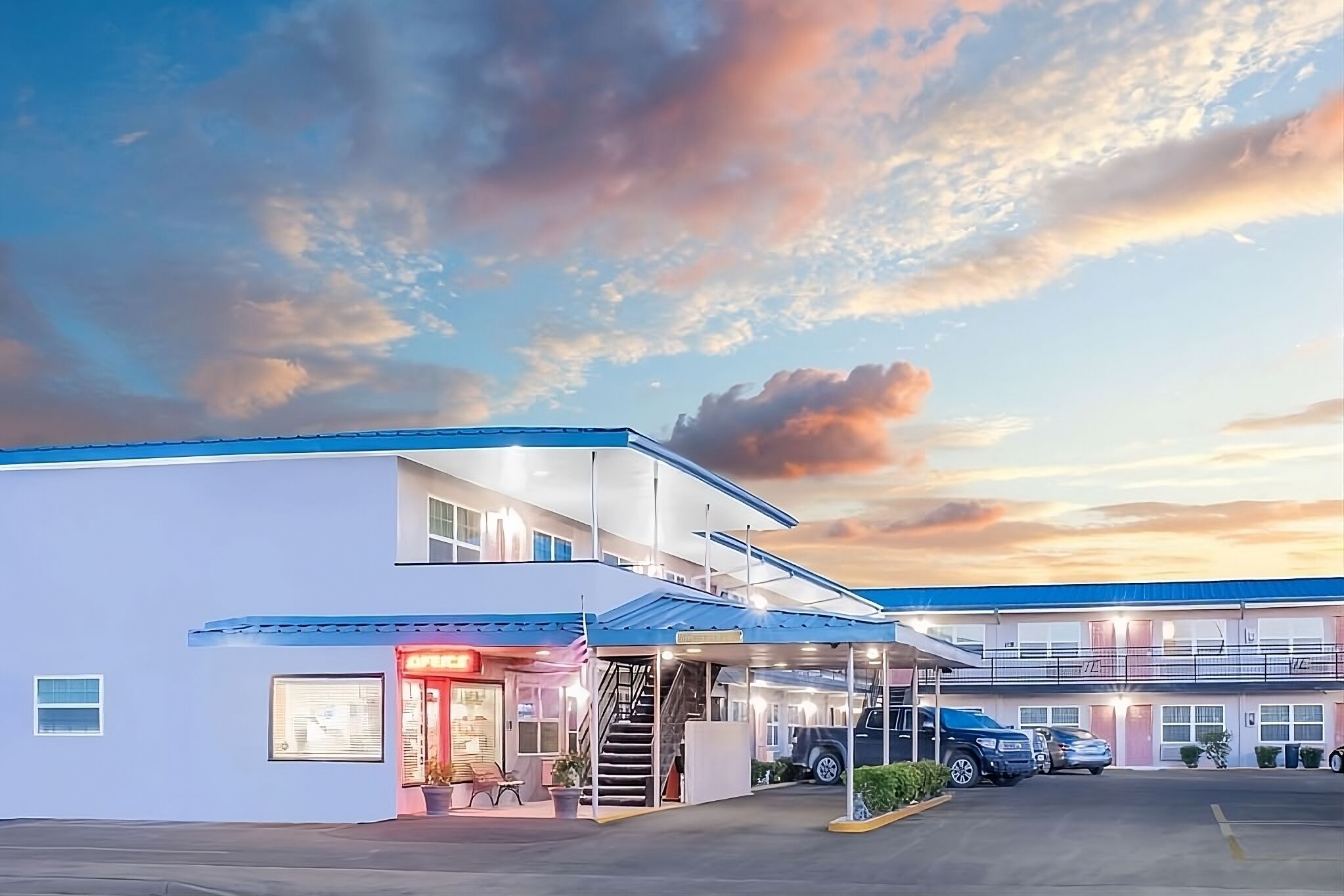 Arrive at dusk to a welcoming, well-lit entrance.