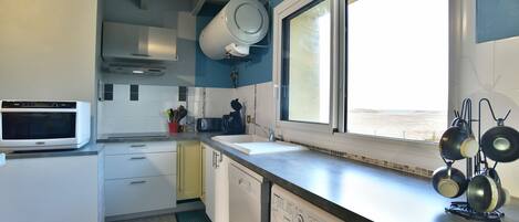 Fridge, microwave, dishwasher, coffee/tea maker