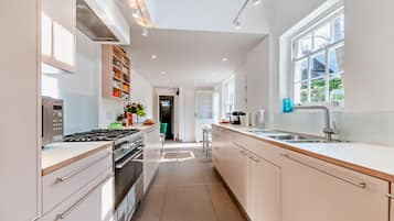 Fridge, oven, dishwasher, cookware/dishes/utensils