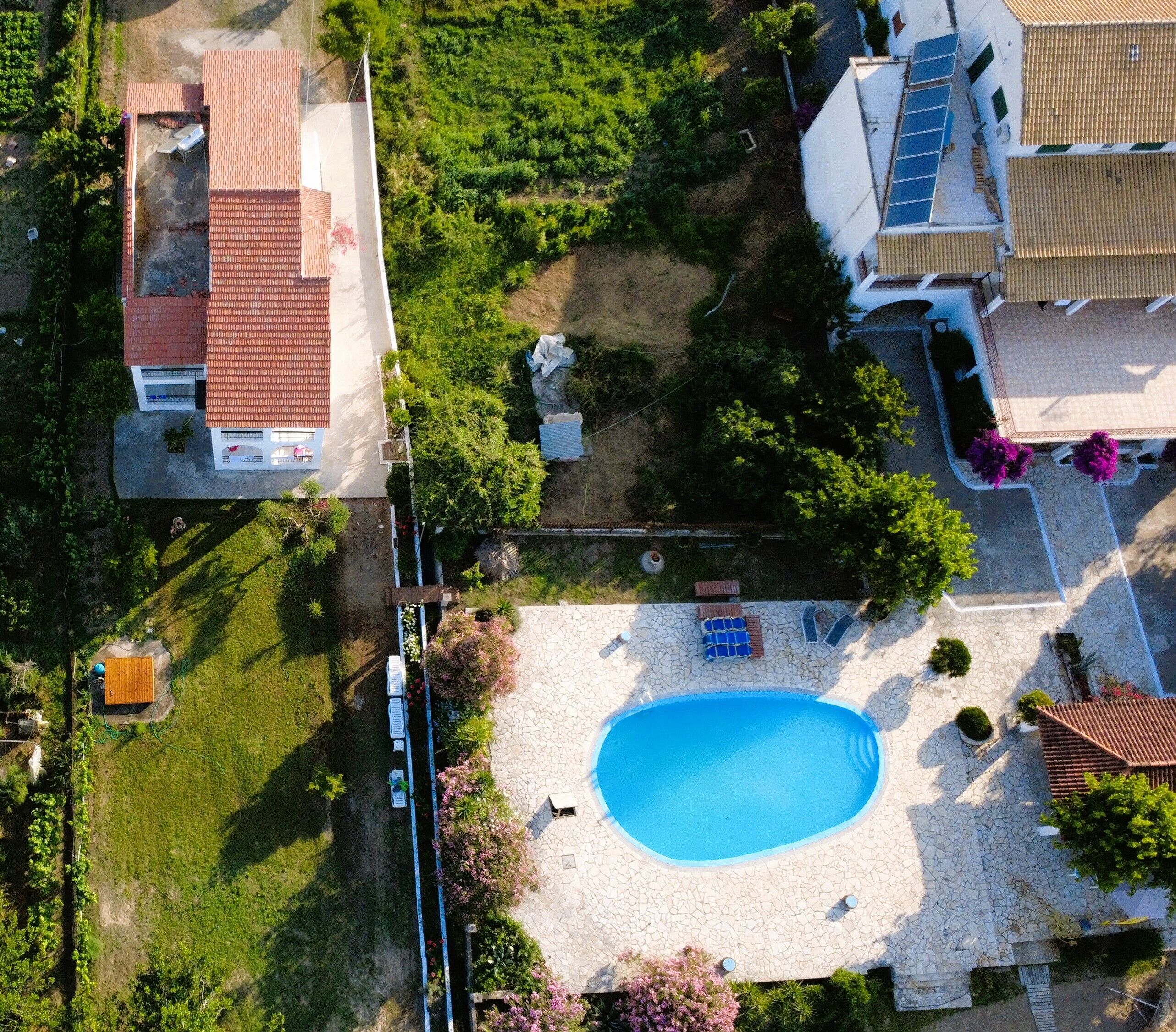 Vista aérea de una zona residencial con piscina, jardín y casas adyacentes.
