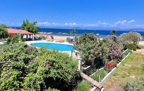 A resort with a swimming pool, beach chairs, and a view of the sea. - Ever Green Beach Apartments (Corfu)