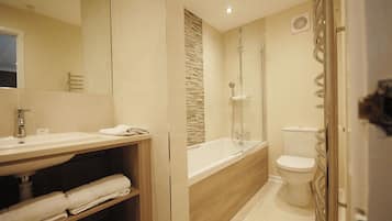 Hair dryer, towels, soap, shampoo