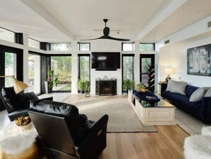 Smart TV, fireplace, books