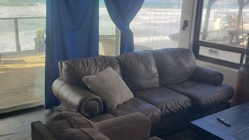 Smart TV, fireplace, books, computer monitors
